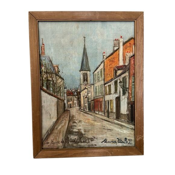 Maurice Utrillo French Village Street Scene Print Linen Canvas Framed 25.5 x 20”